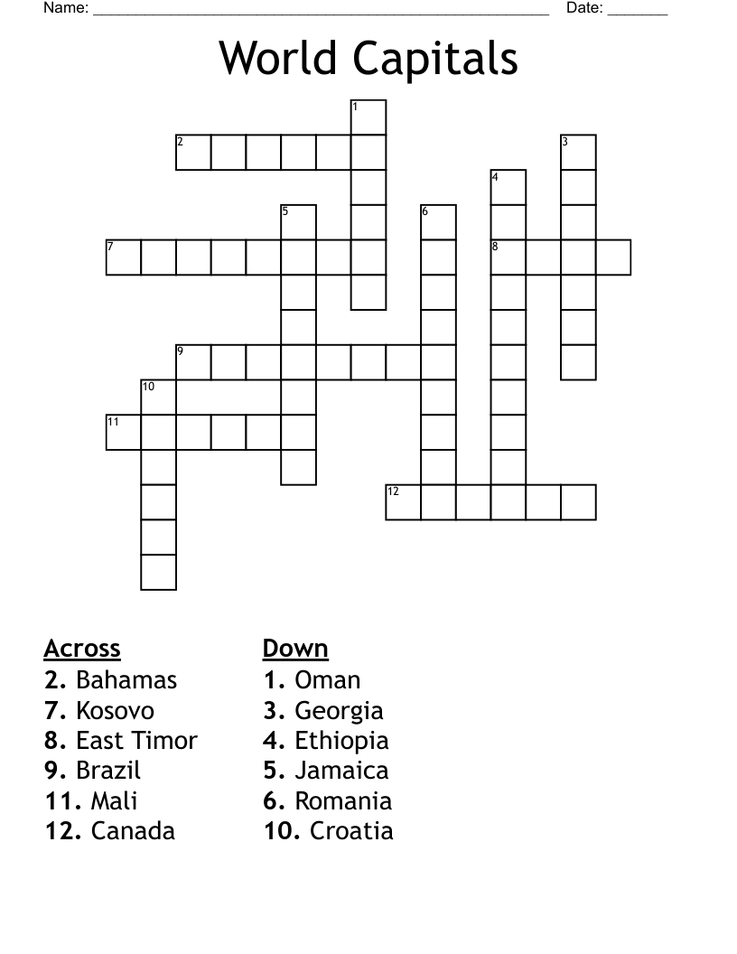 World Capitals Crossword