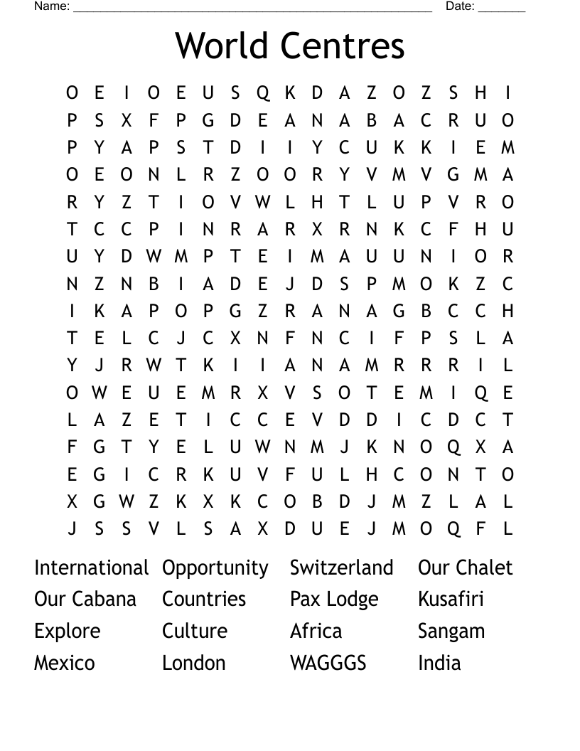 World Centres Word Search
