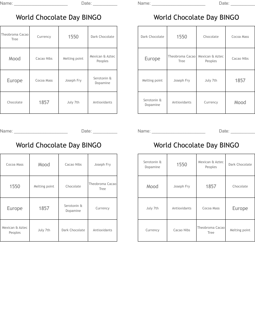 World Chocolate Day BINGO
