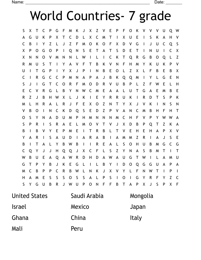 World Countries- 7 grade Word Search