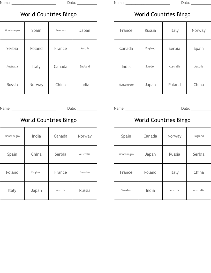 World Countries Bingo