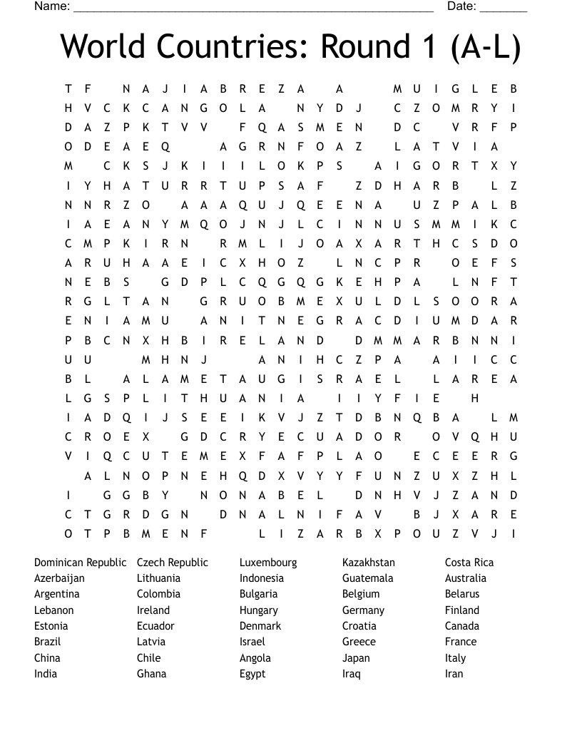 World Countries: Round 1 (A-L) Word Search