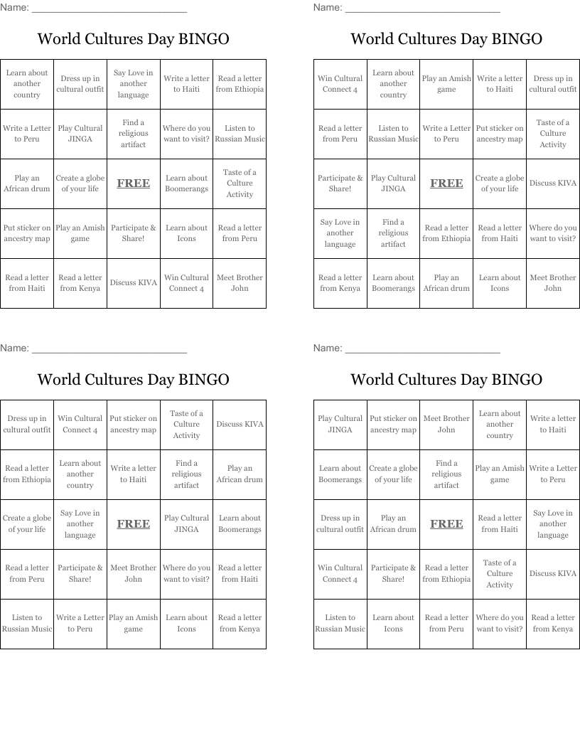 World Cultures Day BINGO