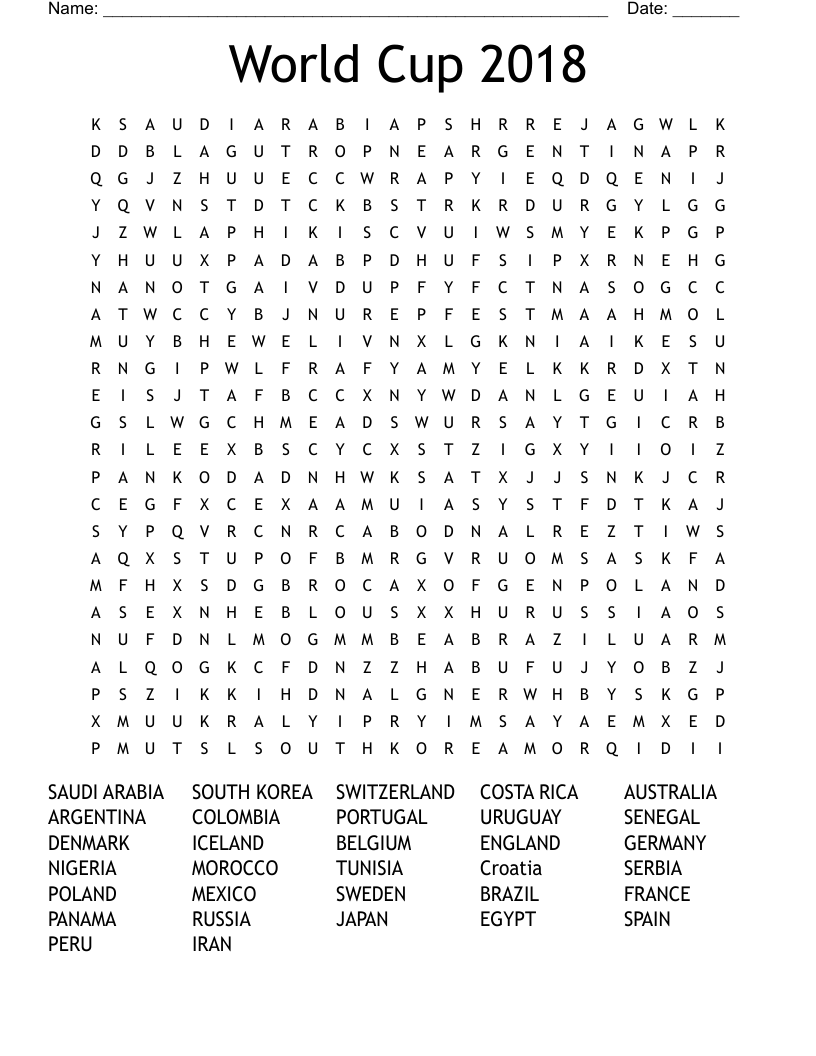 World Cup 2018 Word Search