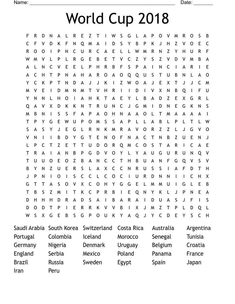 World Cup 2018 Word Search