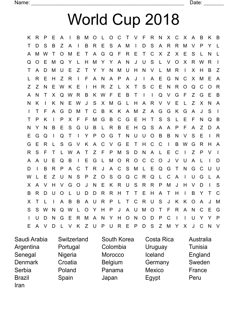 World Cup 2018 Word Search