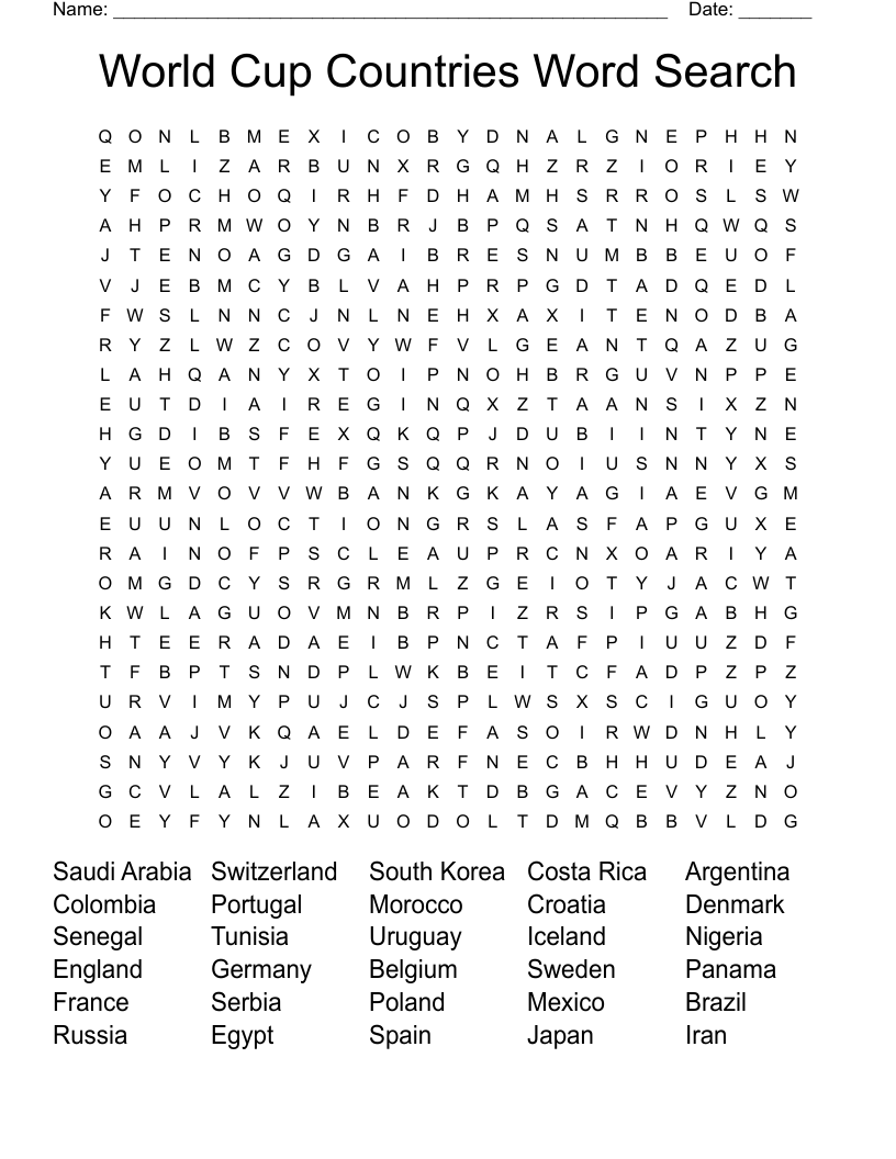 World Cup Countries Word Search 