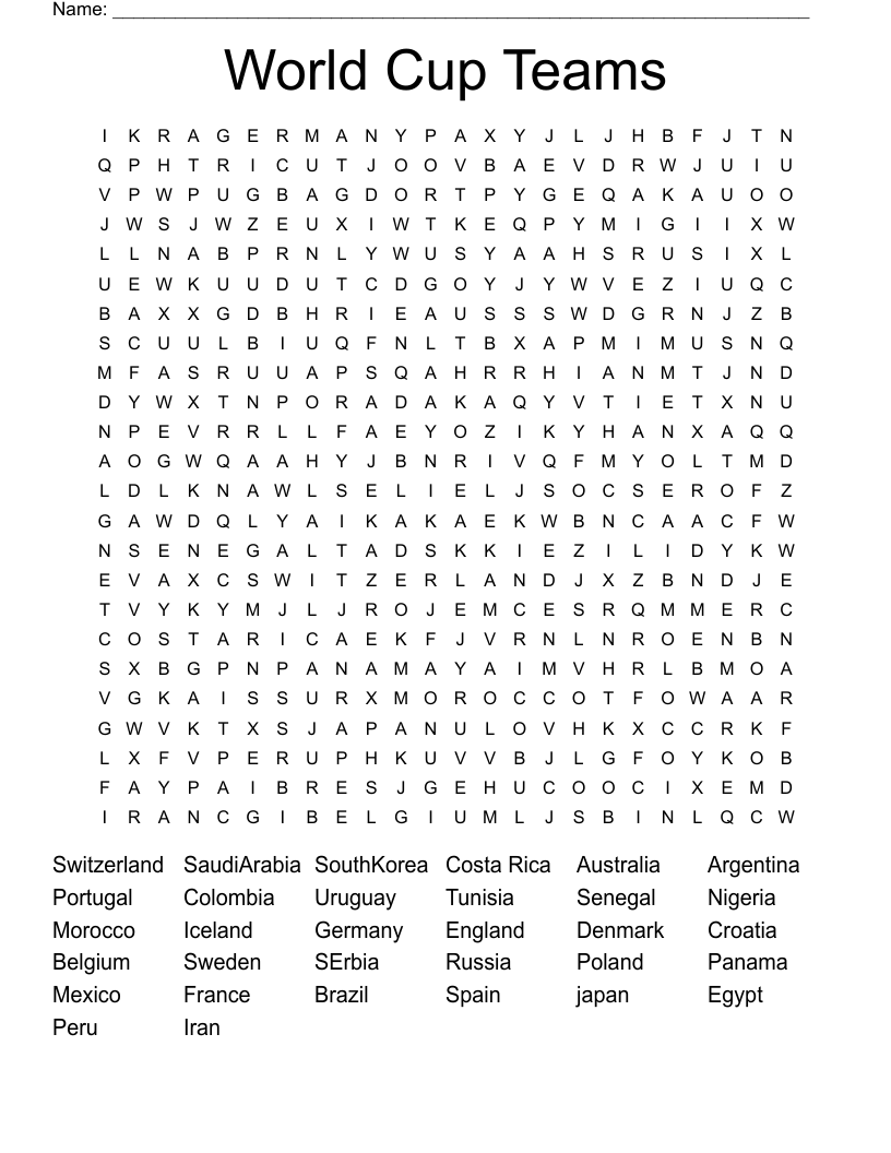 World Cup Teams Word Search
