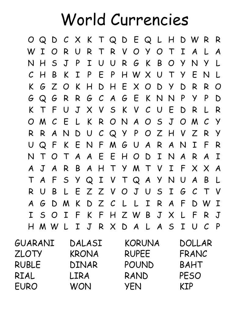 World Currencies Word Search