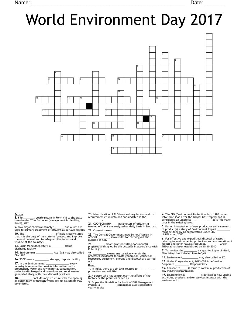 World Environment Day 2017 Crossword