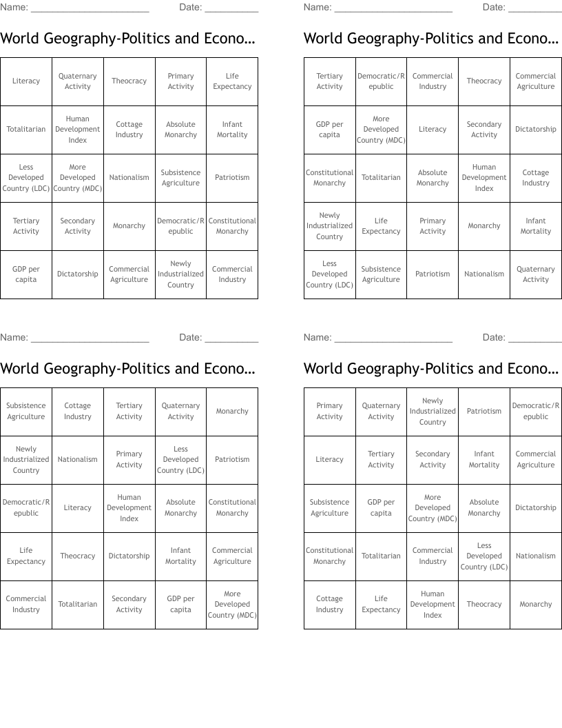 World Geography-Politics and Economics Bingo Cards