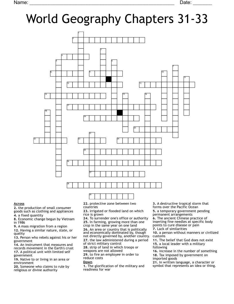 World Geography Chapters 31-33  Crossword