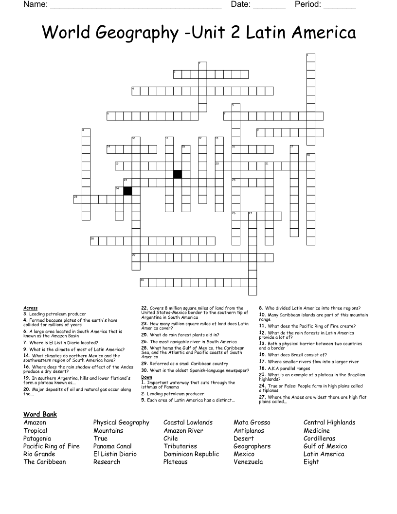 World Geography -Unit 2 Latin America Crossword