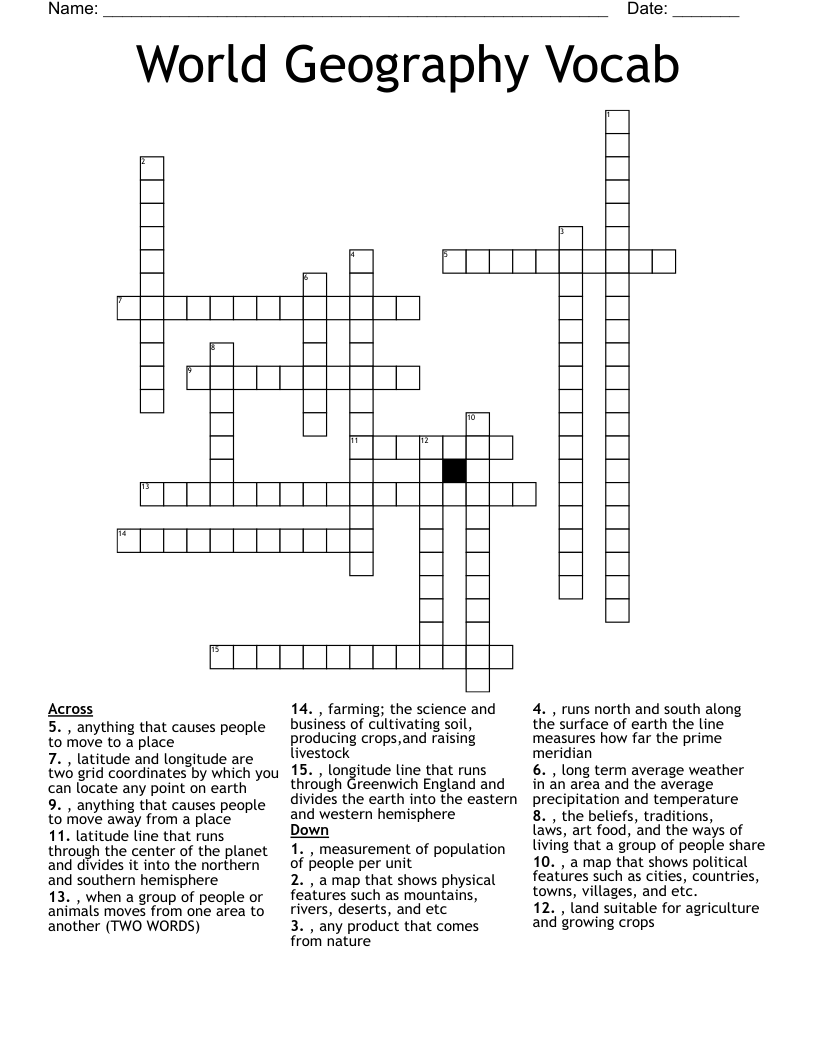 World Geography Vocab Crossword