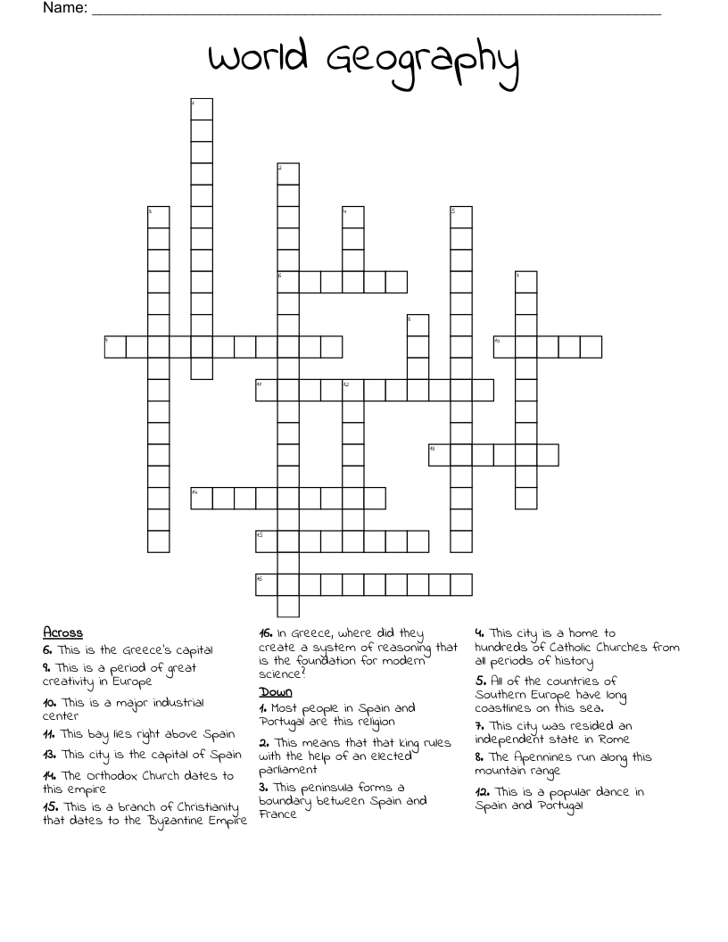 World Geography  Crossword