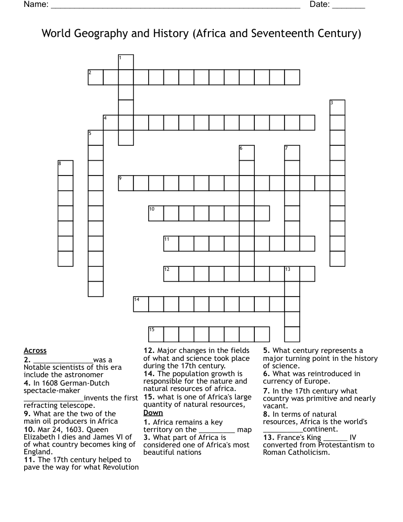 World Geography and History (Africa and Seventeenth Century) Crossword
