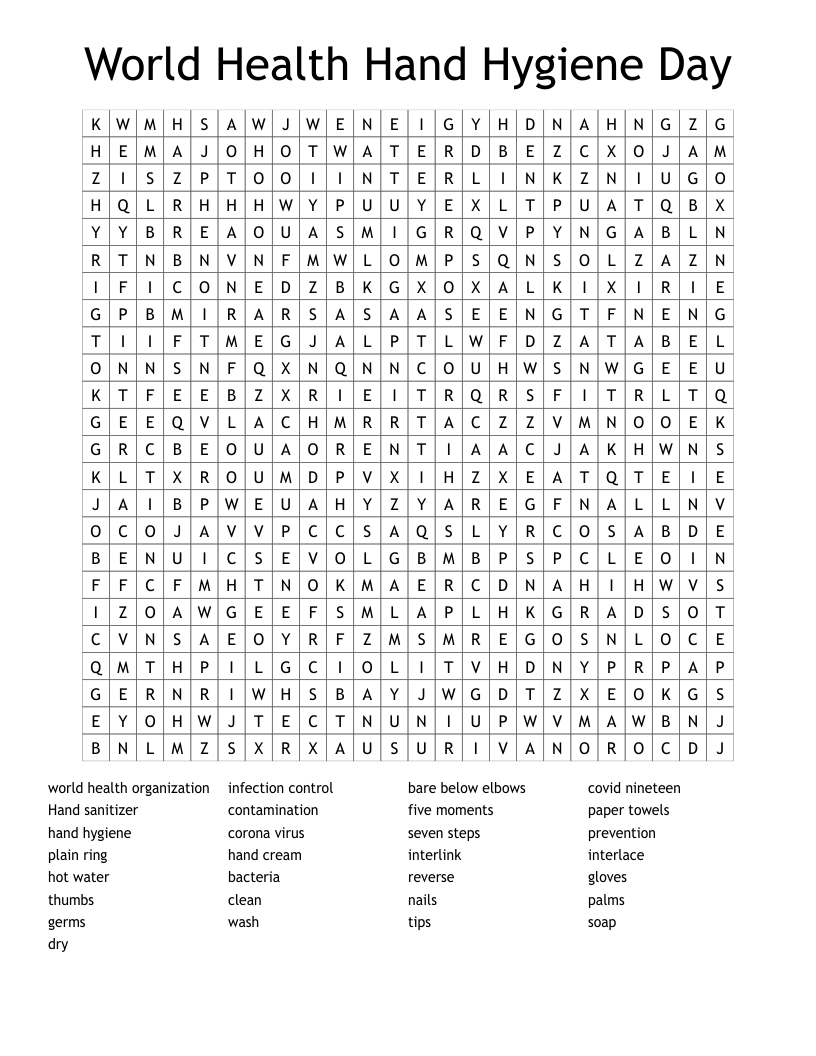World Health Hand Hygiene Day Word Search