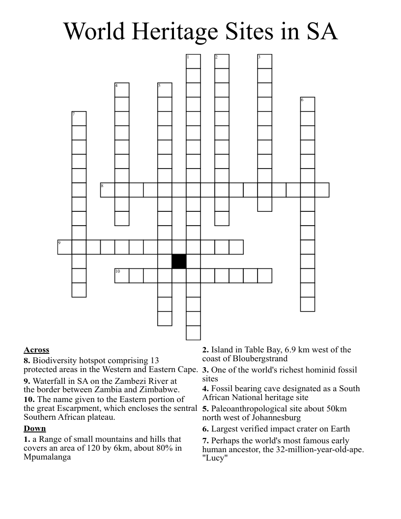 World Heritage Sites in SA Crossword