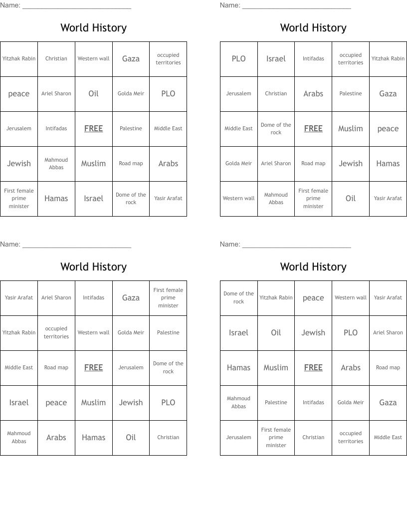 World History Bingo Cards