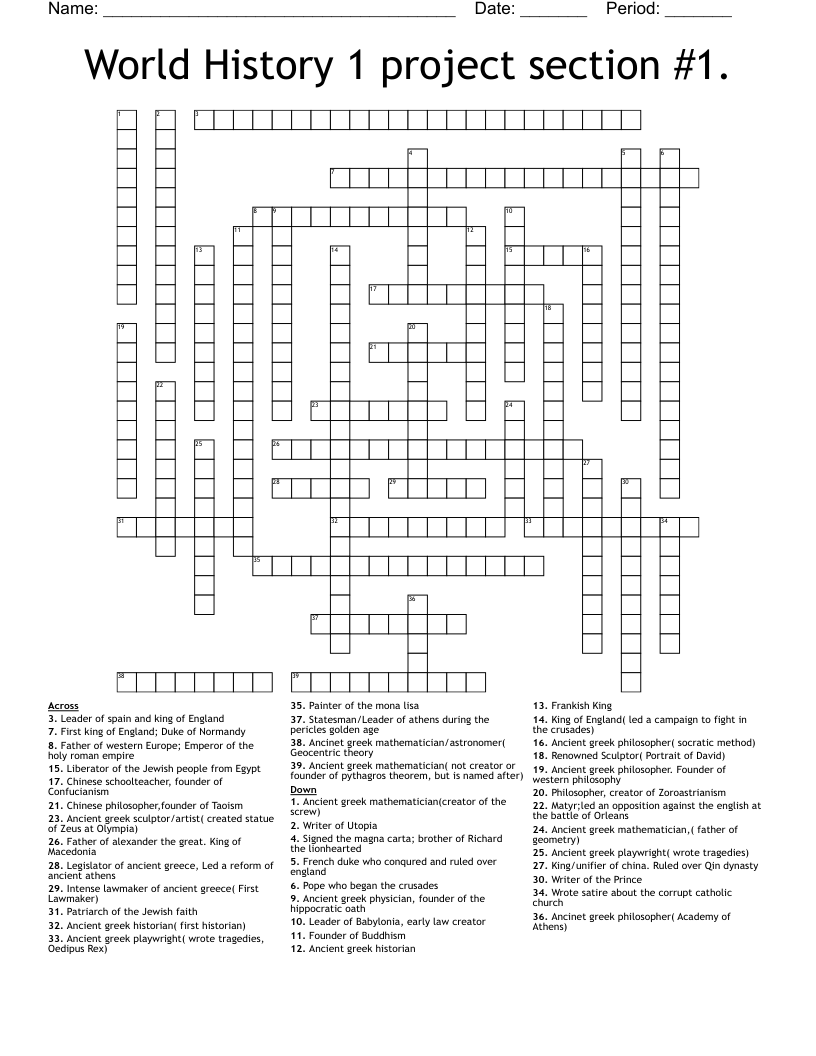 World History 1 project section #1. Crossword