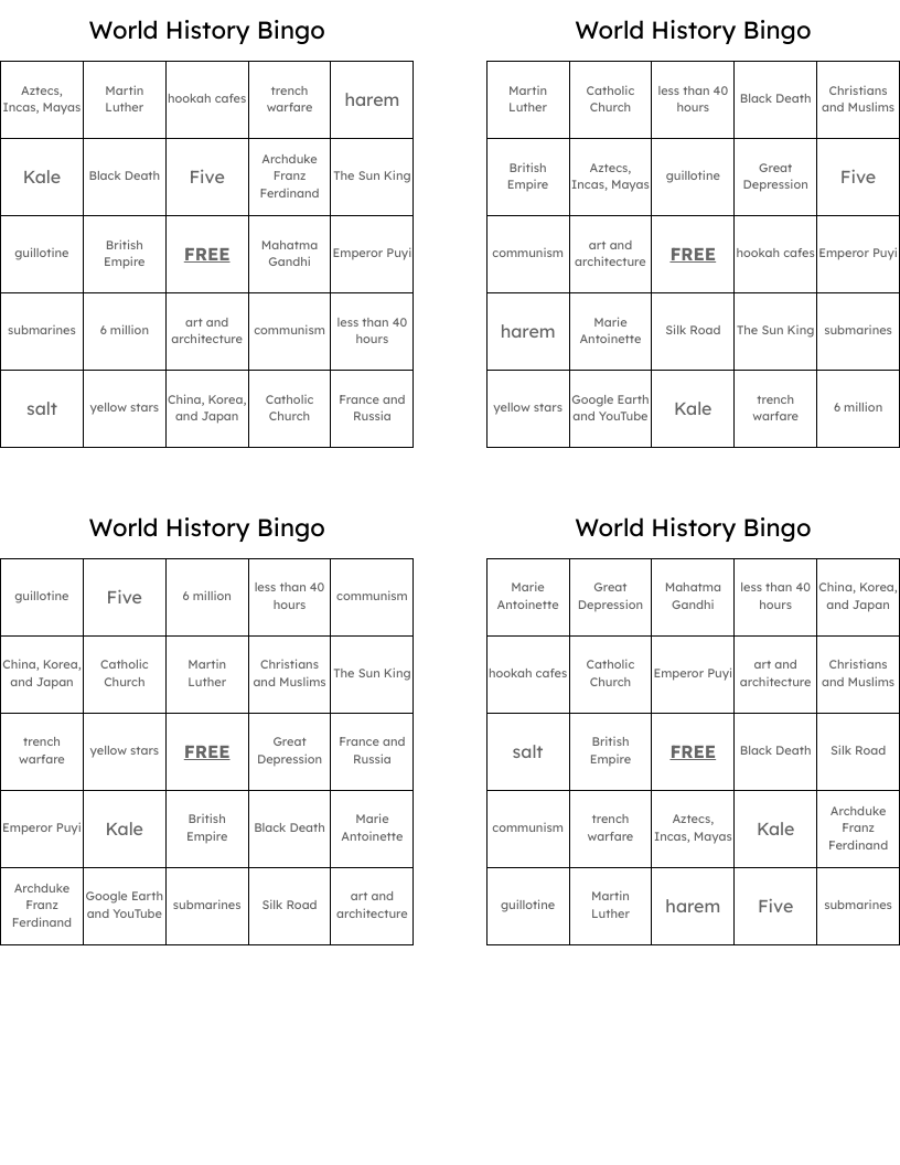 World History Bingo