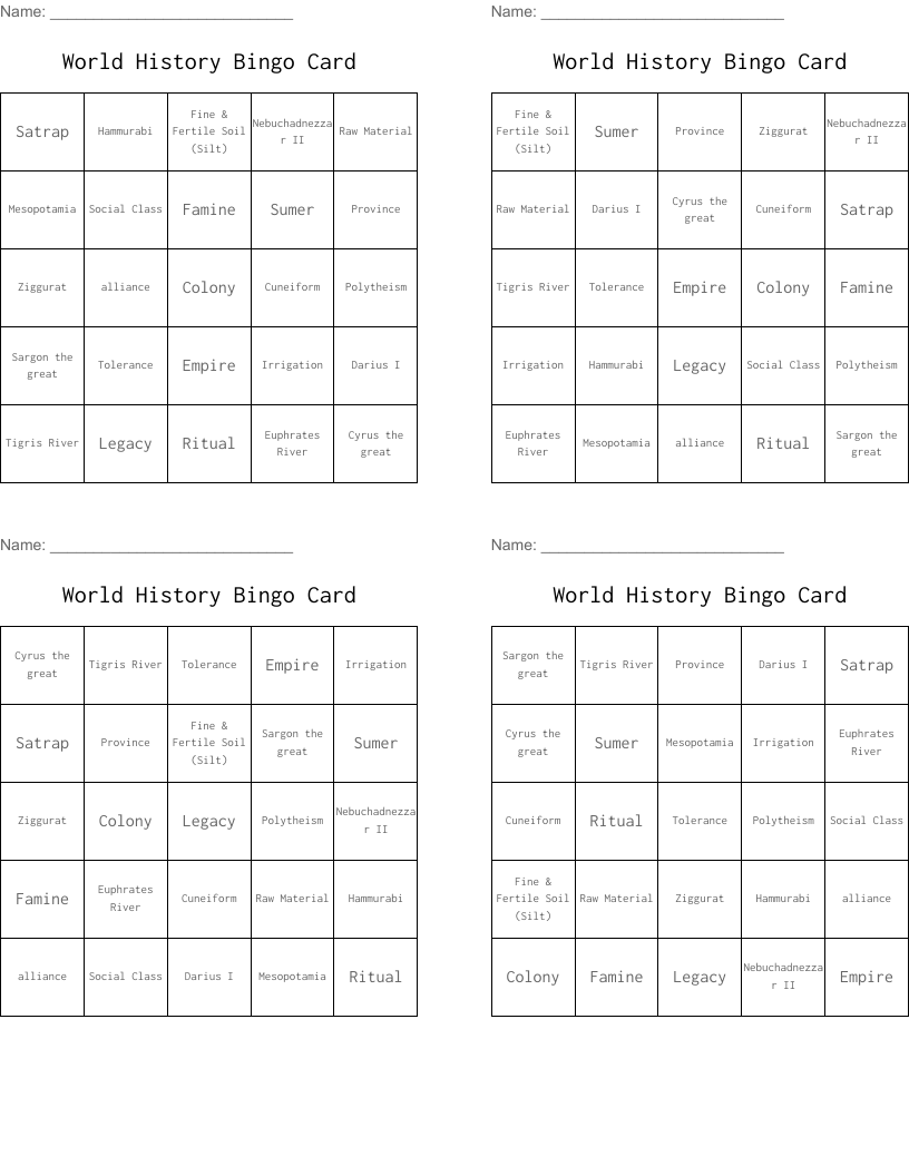 World History Bingo Card
