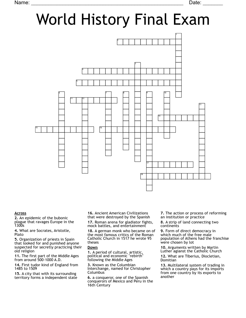 World History Final Exam Crossword