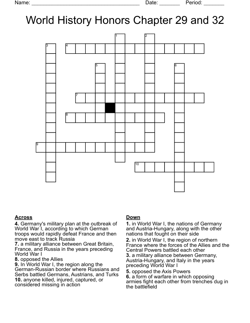 World History Honors Chapter 29 and 32 Crossword