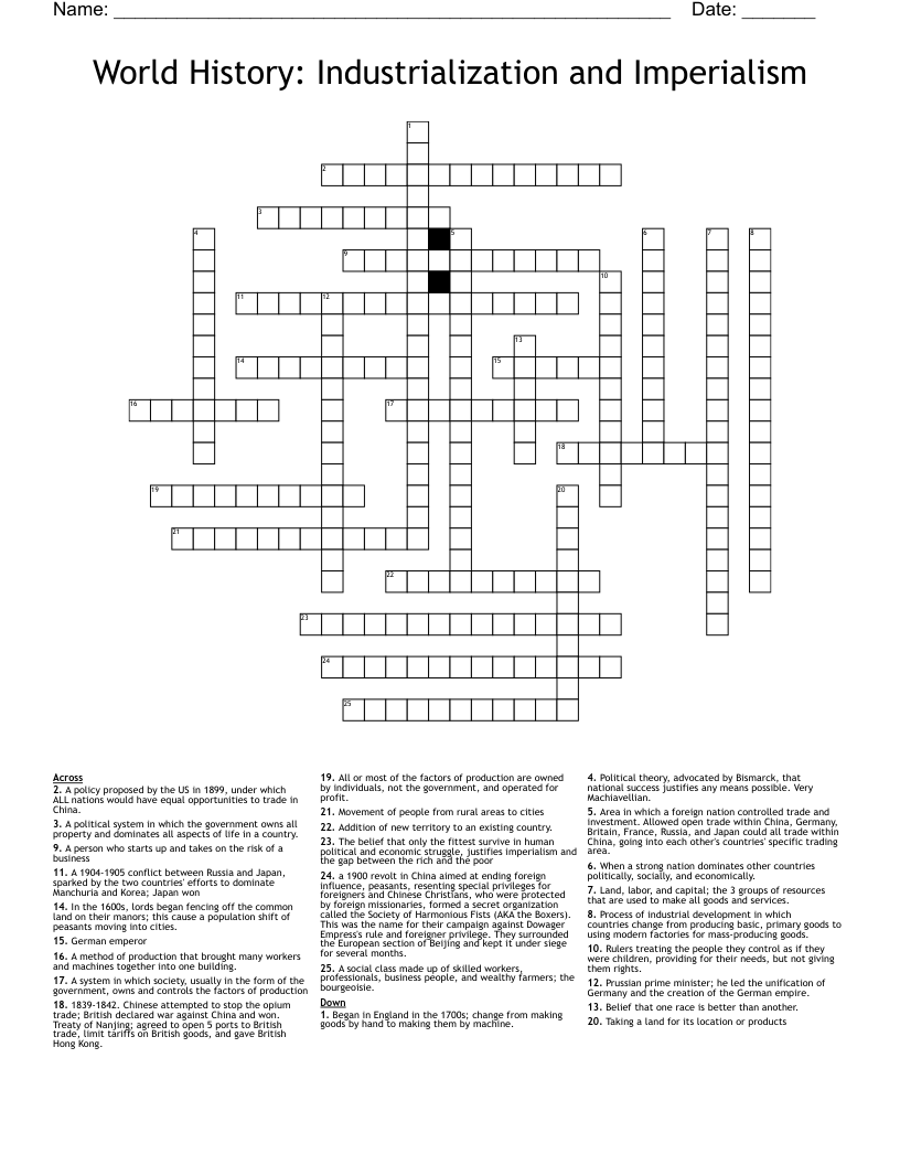 World History: Industrialization and Imperialism Crossword