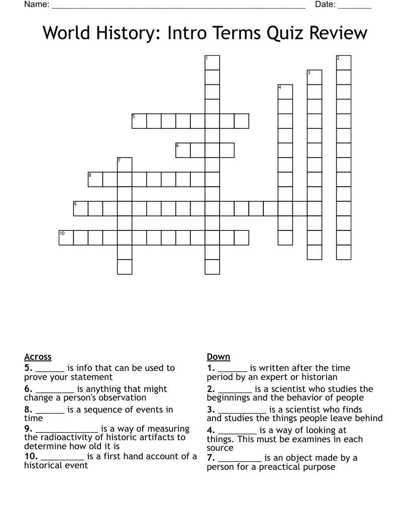 World History: Intro Terms Quiz Review Crossword