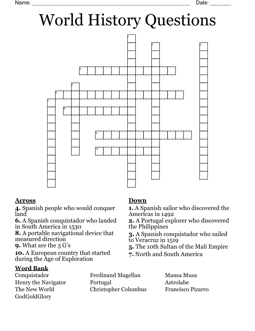 World History Questions Crossword
