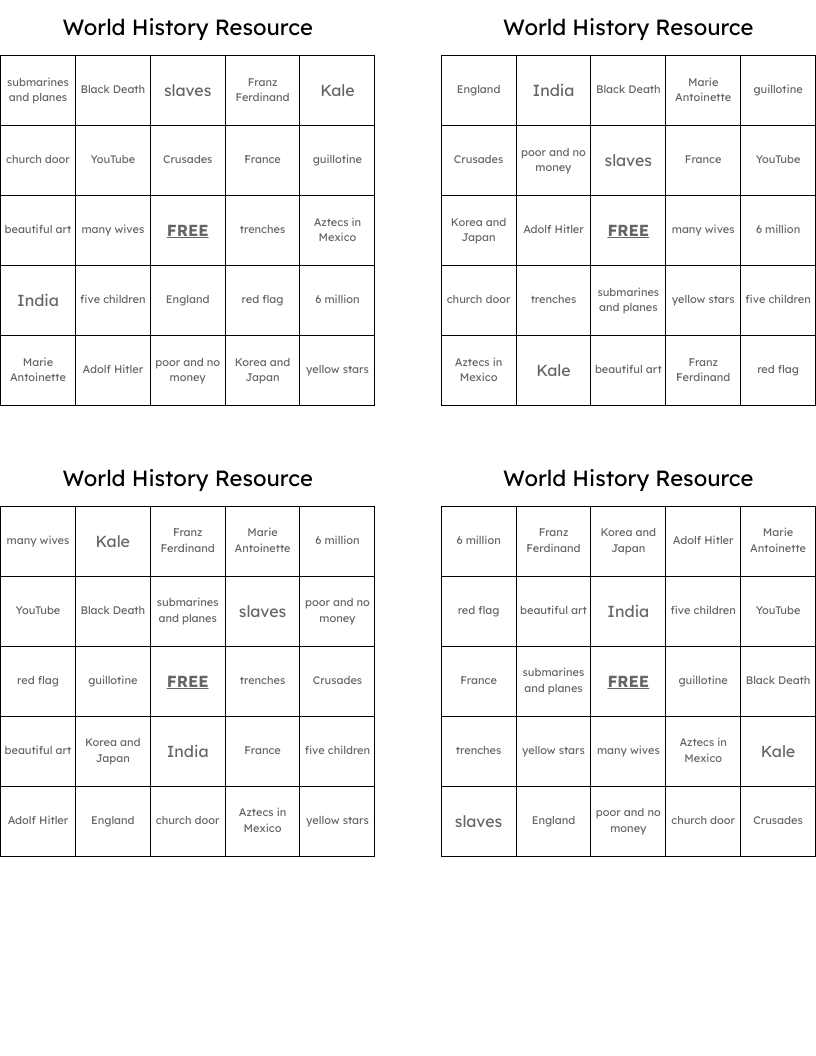 World History Resource Bingo Cards