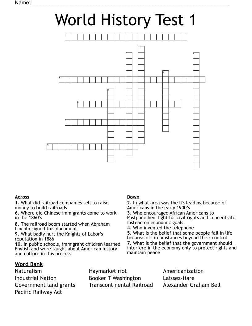World History Test 1 Crossword