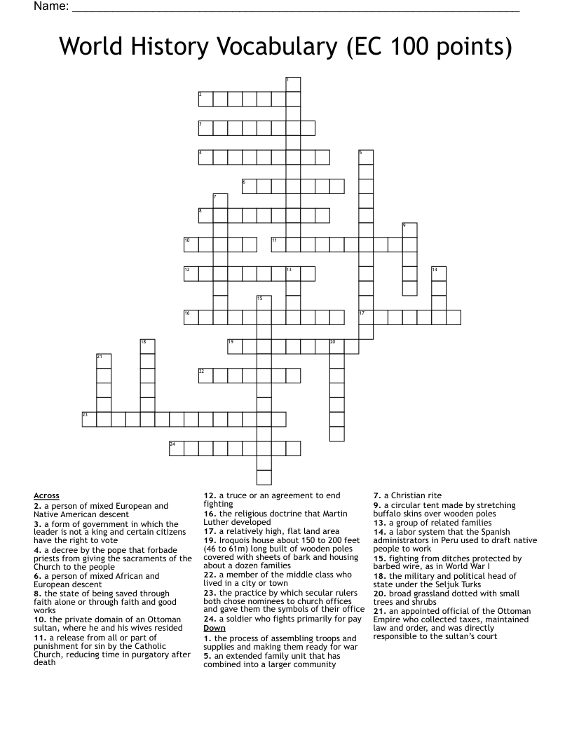 World History Vocabulary (EC 100 points) Crossword