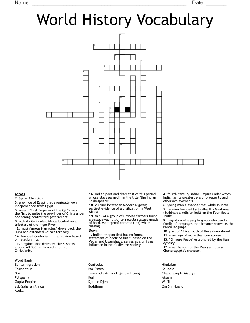World History Vocabulary  Crossword