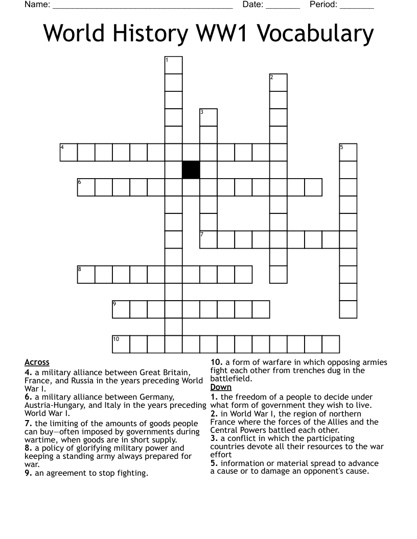 World History WW1 Vocabulary Crossword