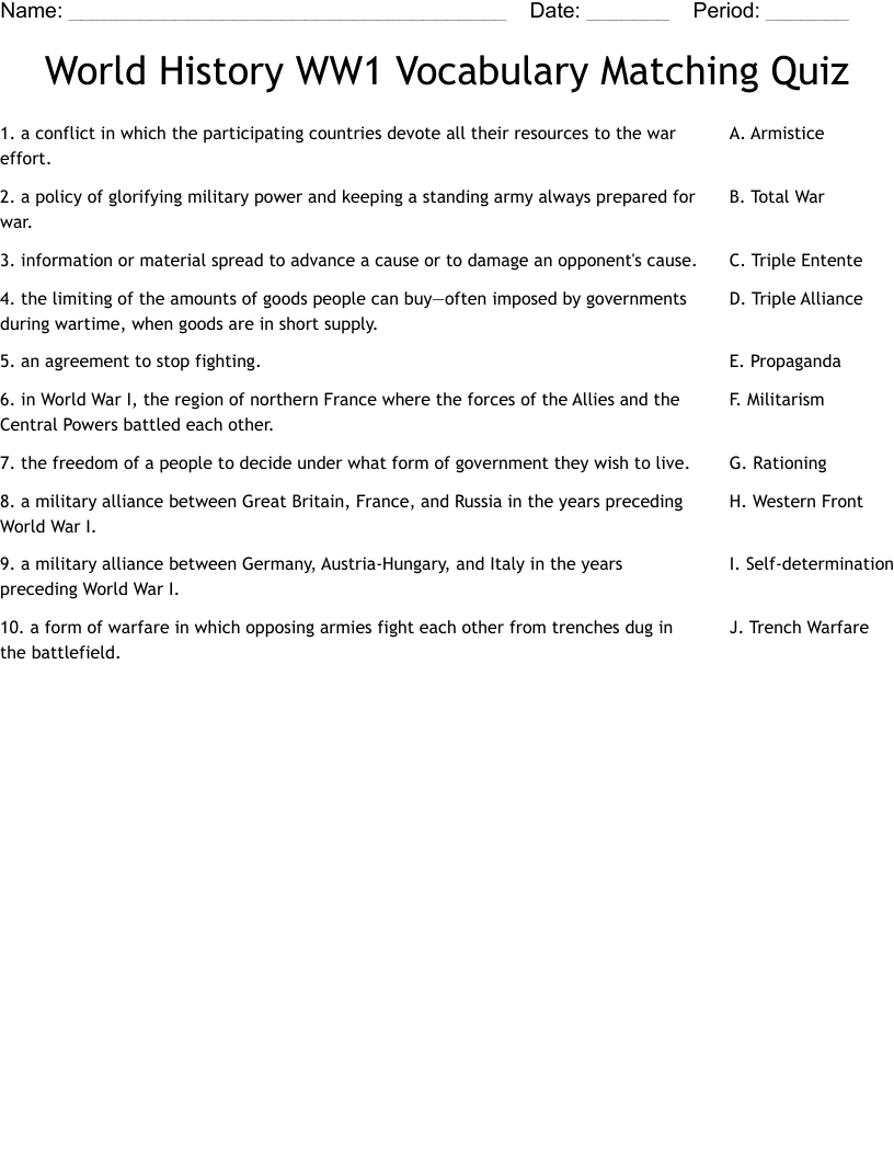 World History WW1 Vocabulary Matching Quiz Worksheet