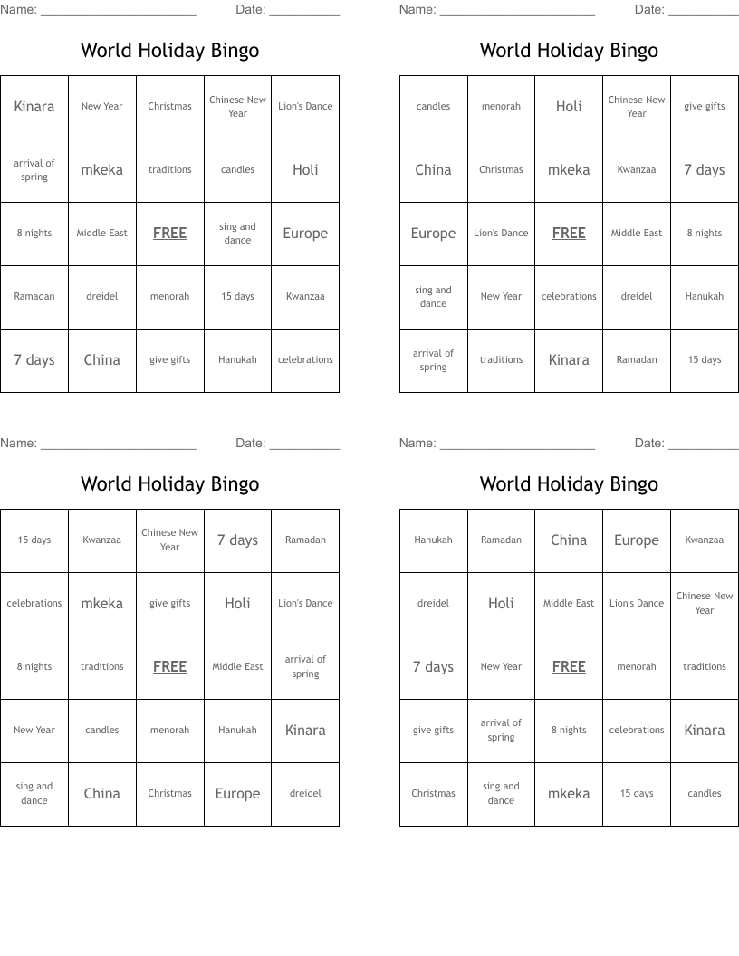 World Holiday Bingo