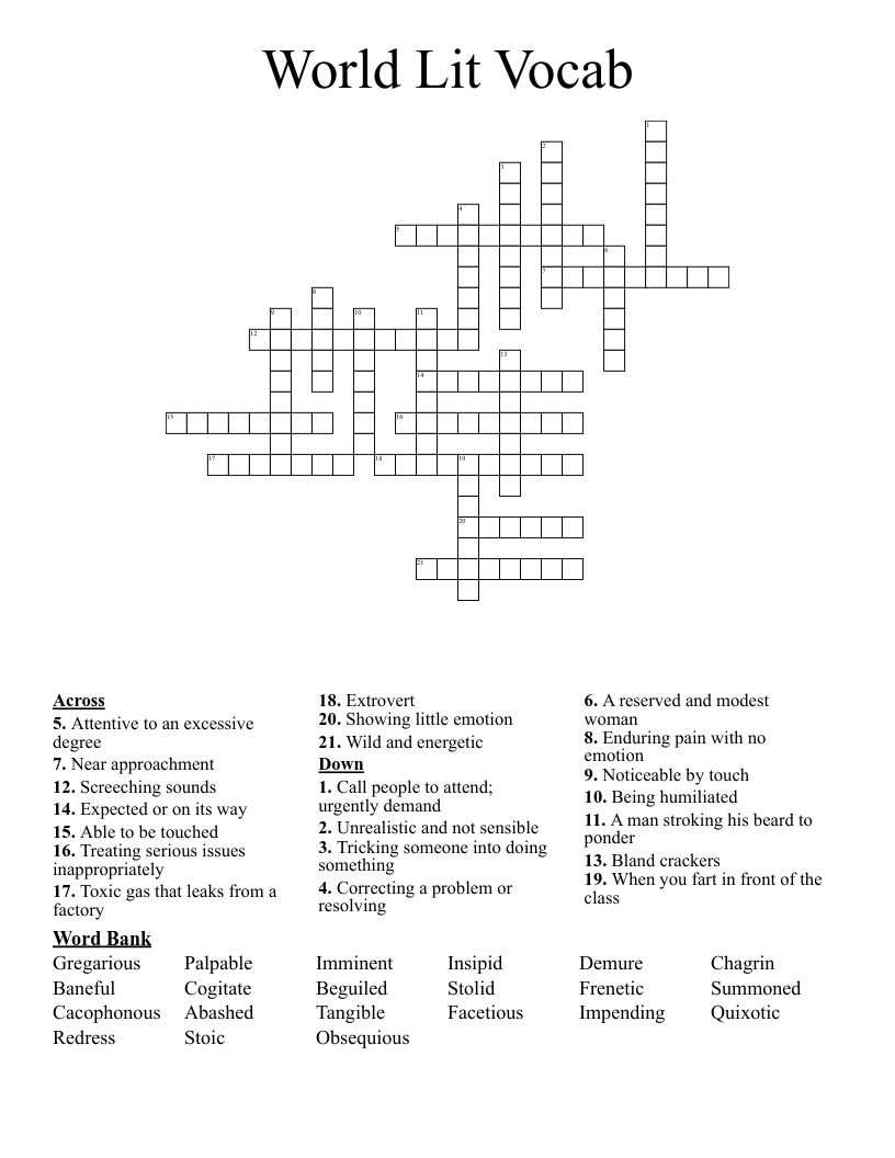 World Lit Vocab Crossword