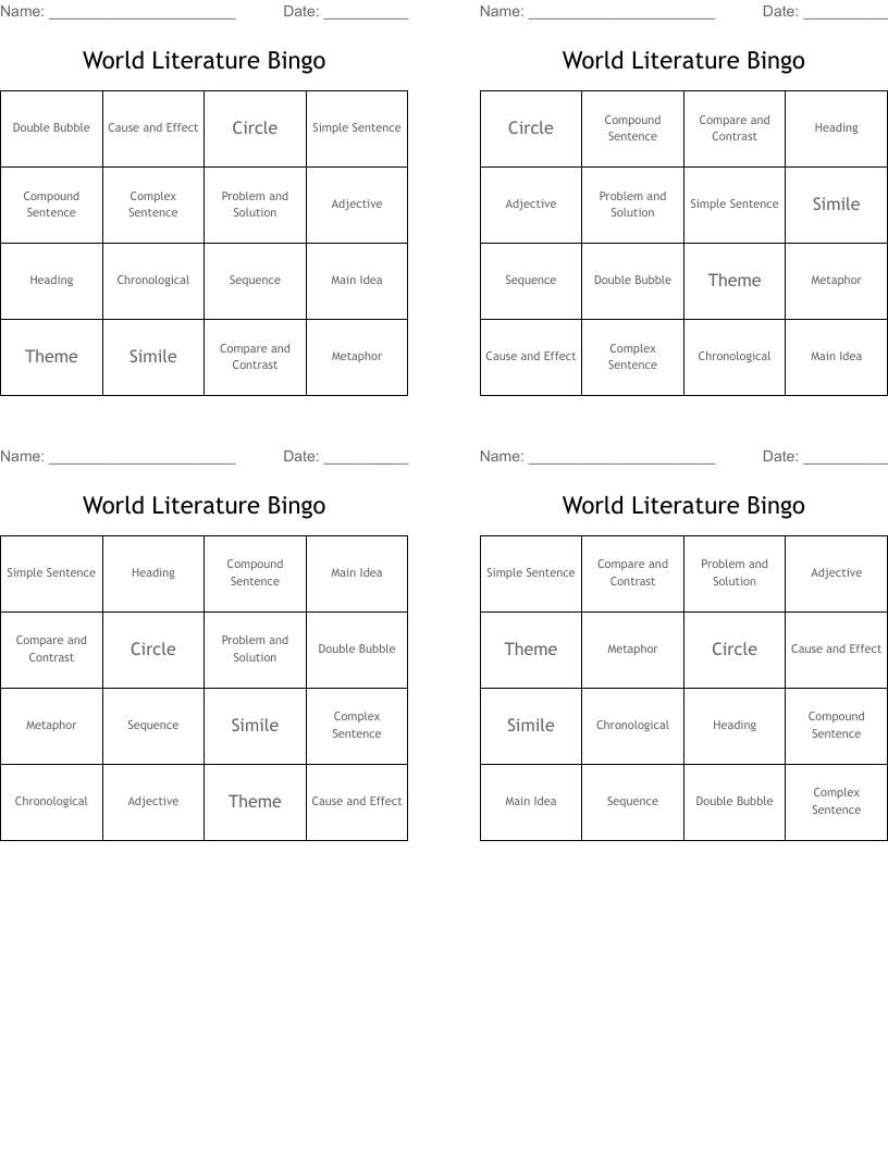 World Literature Bingo