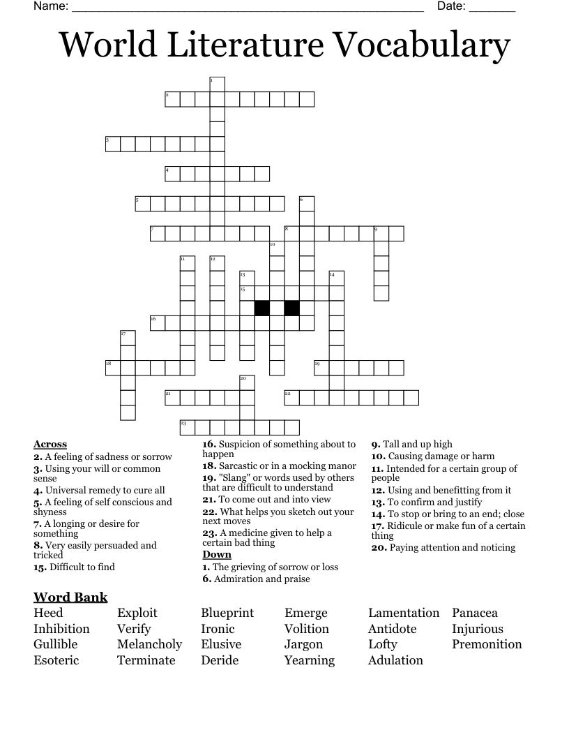 World Literature Vocabulary Crossword
