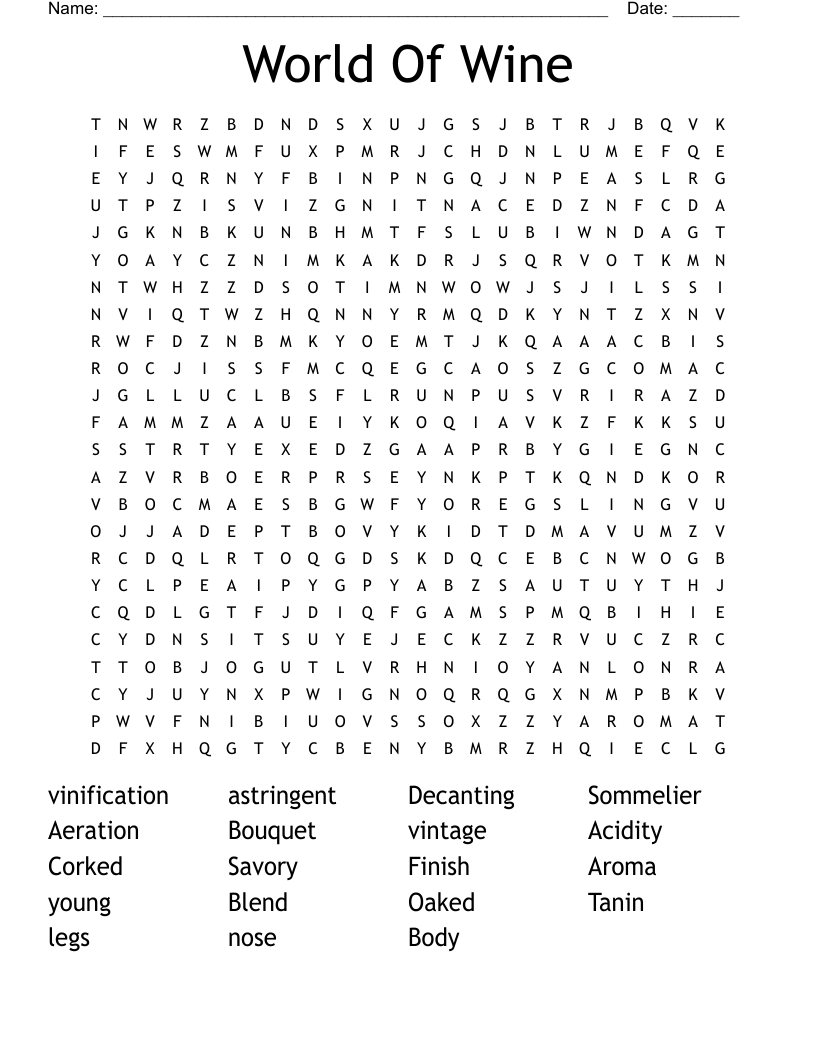 World Of Wine Word Search