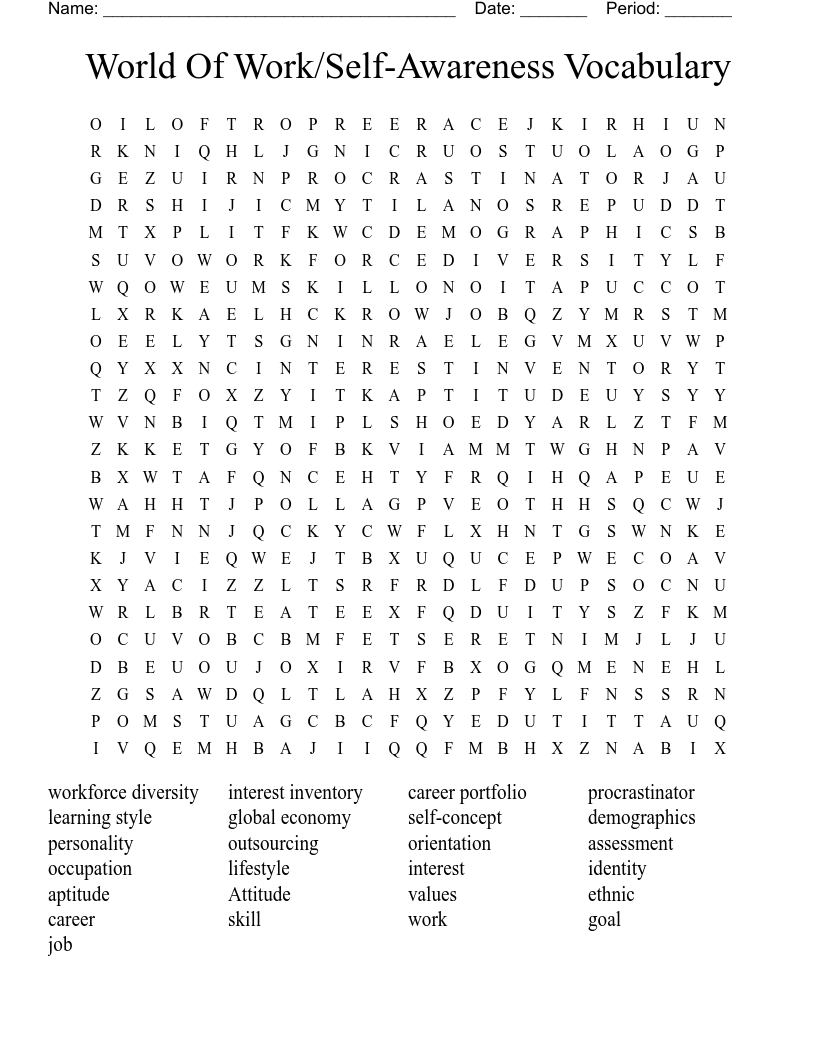 World Of Work/Self-Awareness Vocabulary Word Search