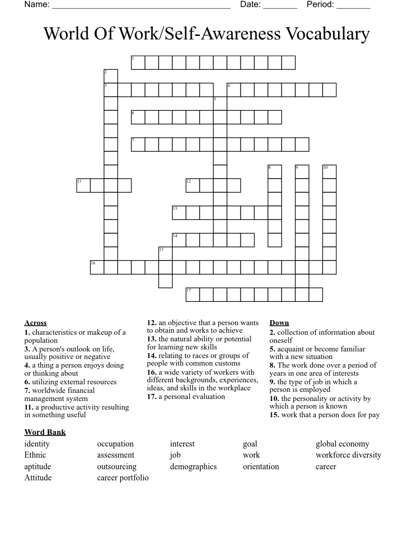 World Of Work/Self-Awareness Vocabulary Crossword