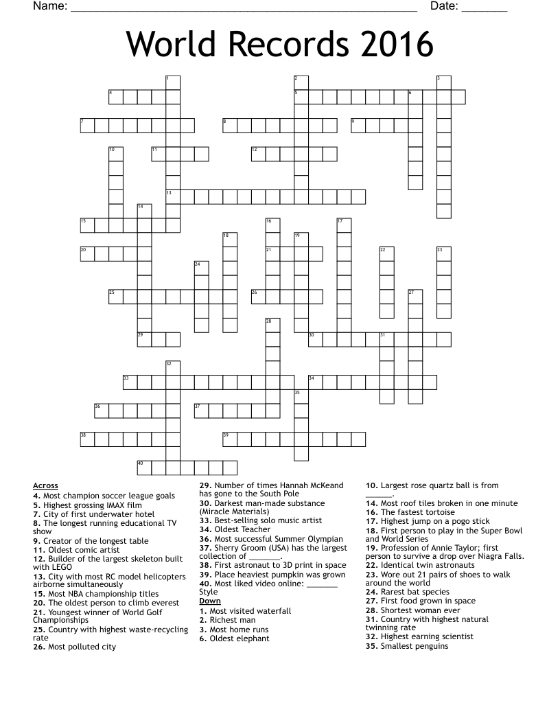 World Records 2016 Crossword