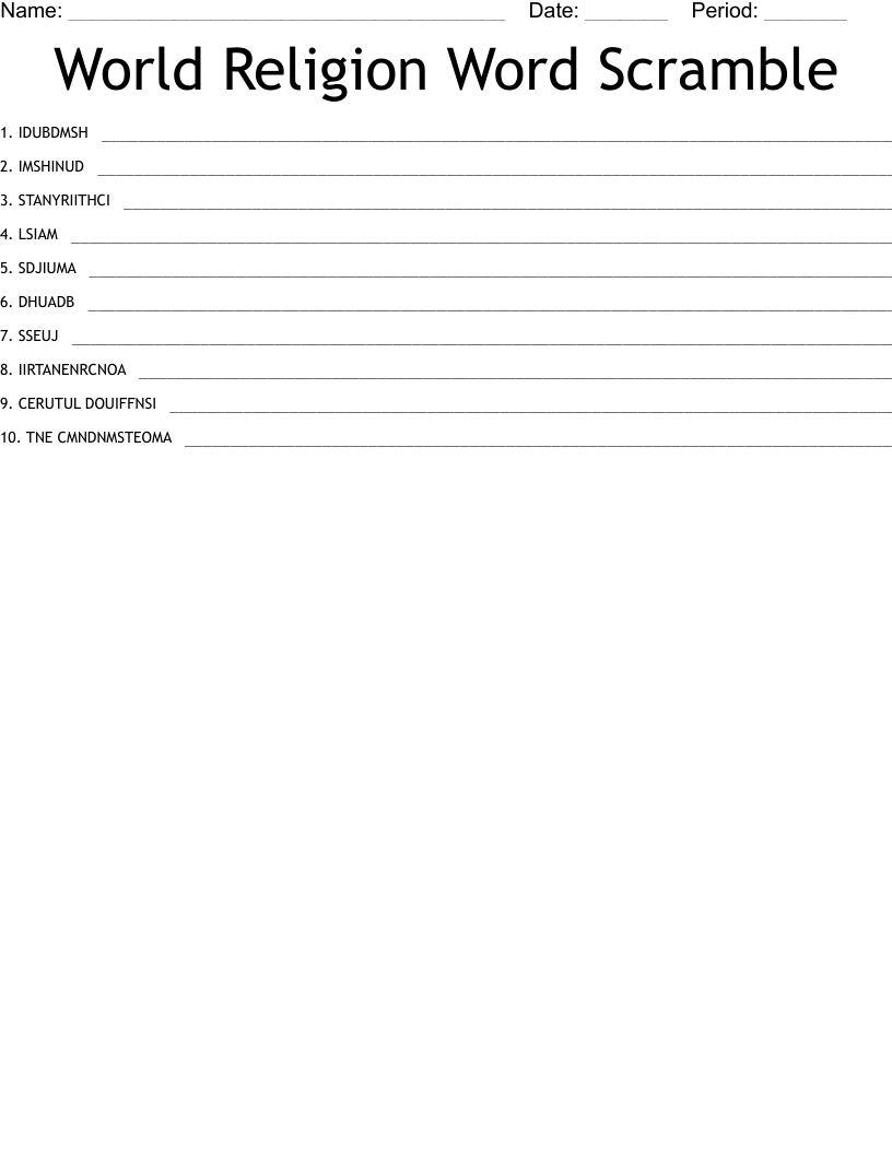 World Religion Word Scramble 