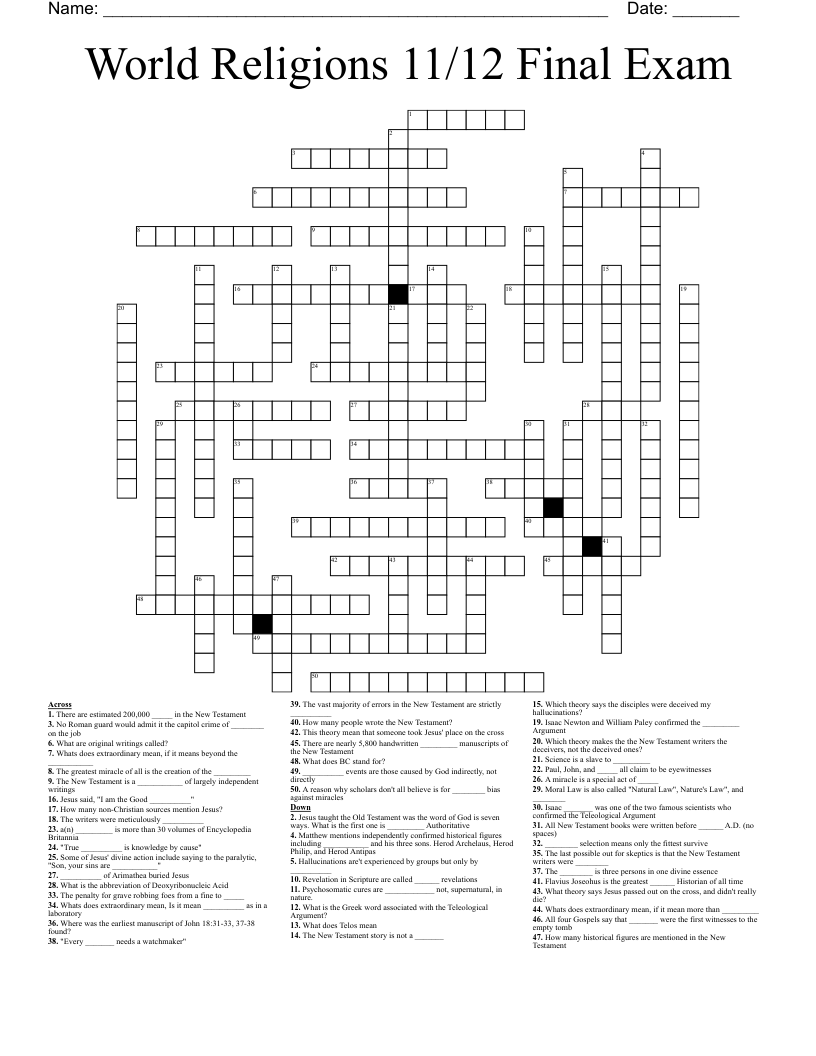 World Religions 11/12 Final Exam Crossword