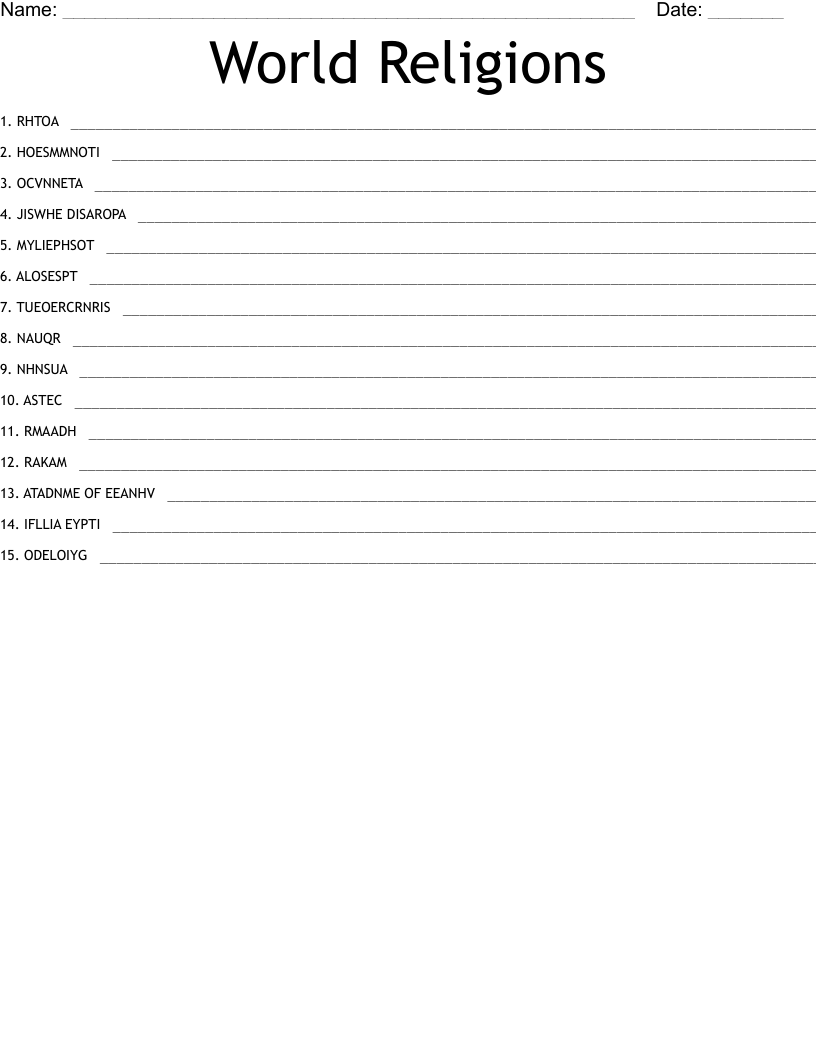 World Religions Word Scramble