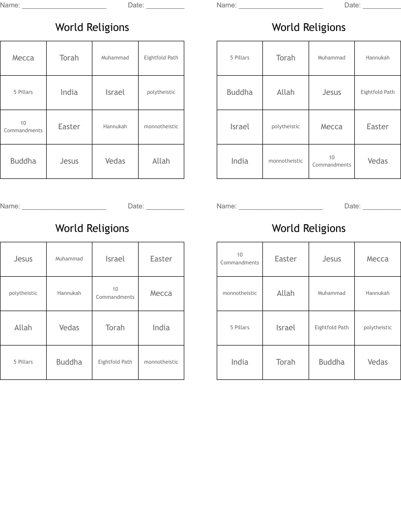 World Religions Bingo Cards