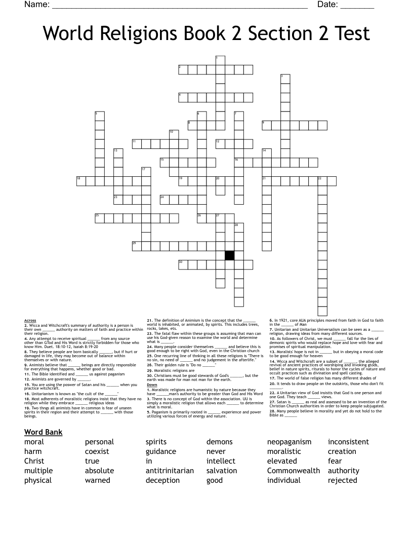World Religions Book 2 Section 2 Test Crossword